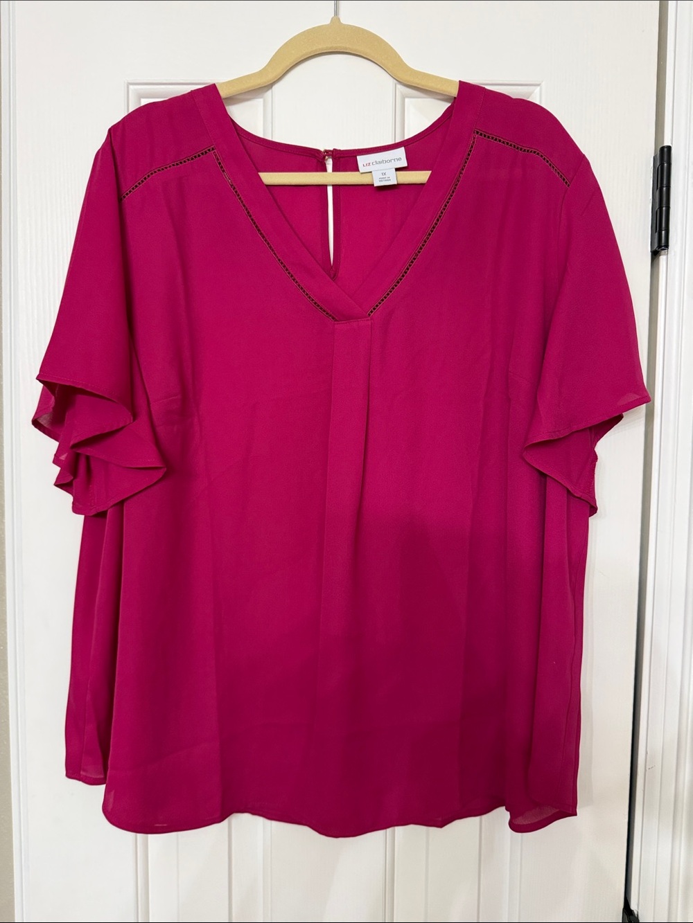 Liz Claiborne Bright Fuchsia V-Neck Blouse with Ruffle Sleeves